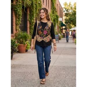 Ana Mori Vintage Floral Butterfly Beaded Cotton Vest All Size Boho Artsy Black